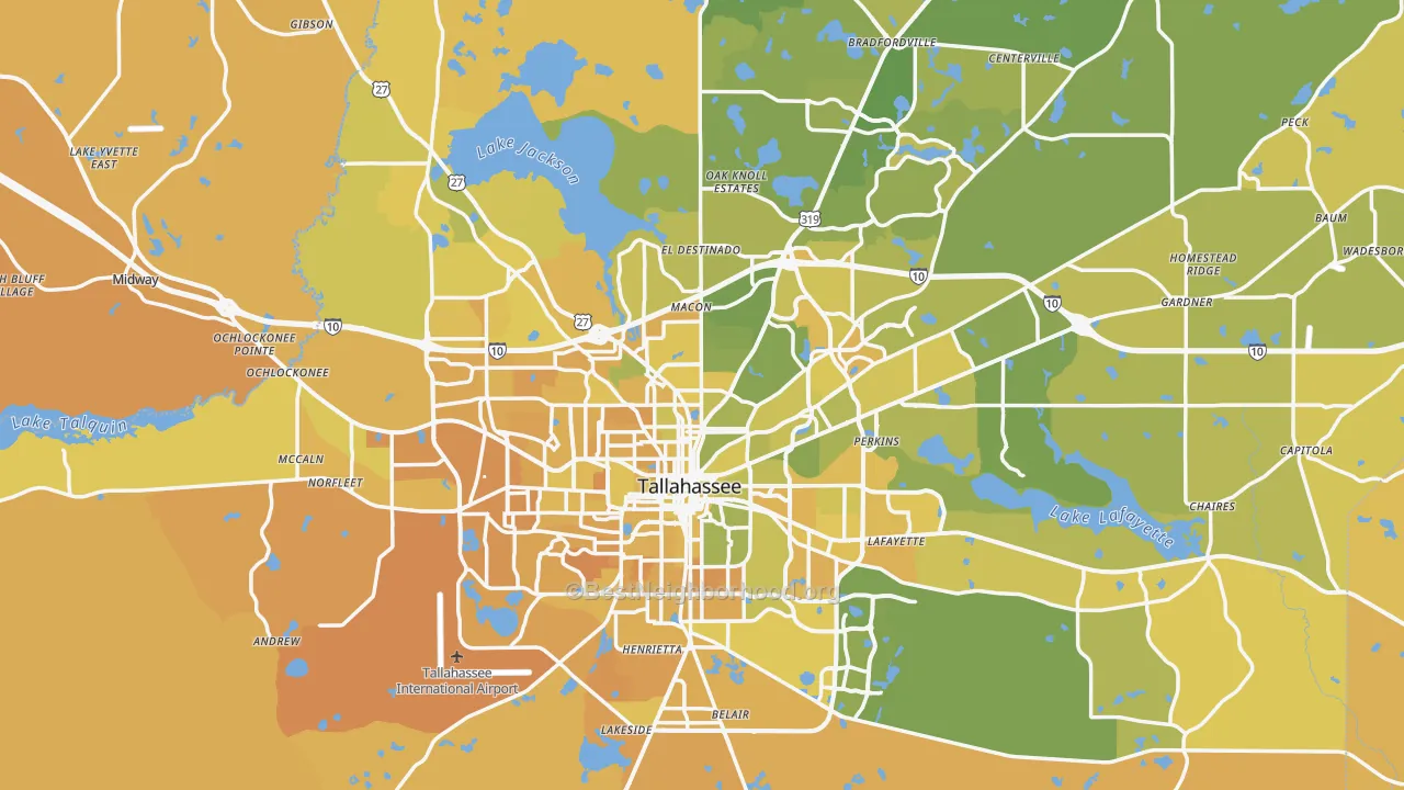 Map of the best neighborhoods in the Tallahassee Metro area, with better matches in green and worse matches in red