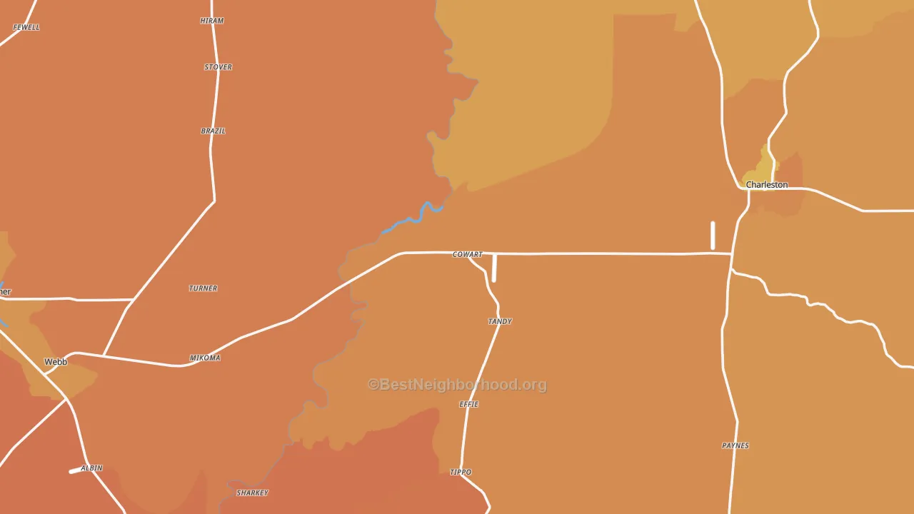 Map of the best neighborhoods in the Tallahatchie County area, with better matches in green and worse matches in red