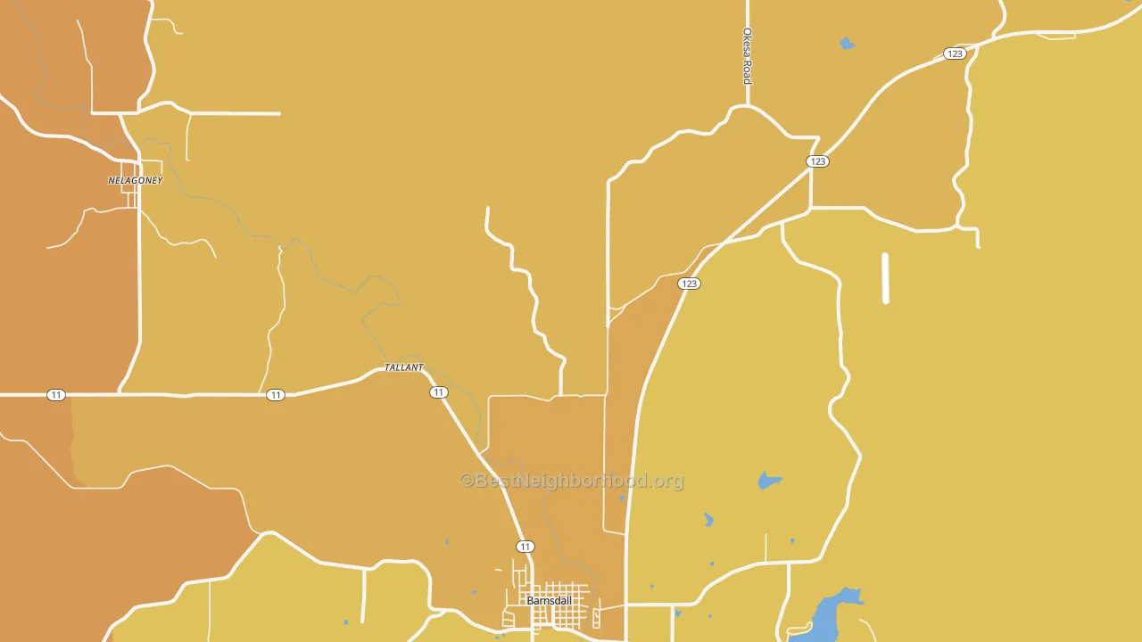 Map of the best neighborhoods in the Tallant area, with better matches in green and worse matches in red