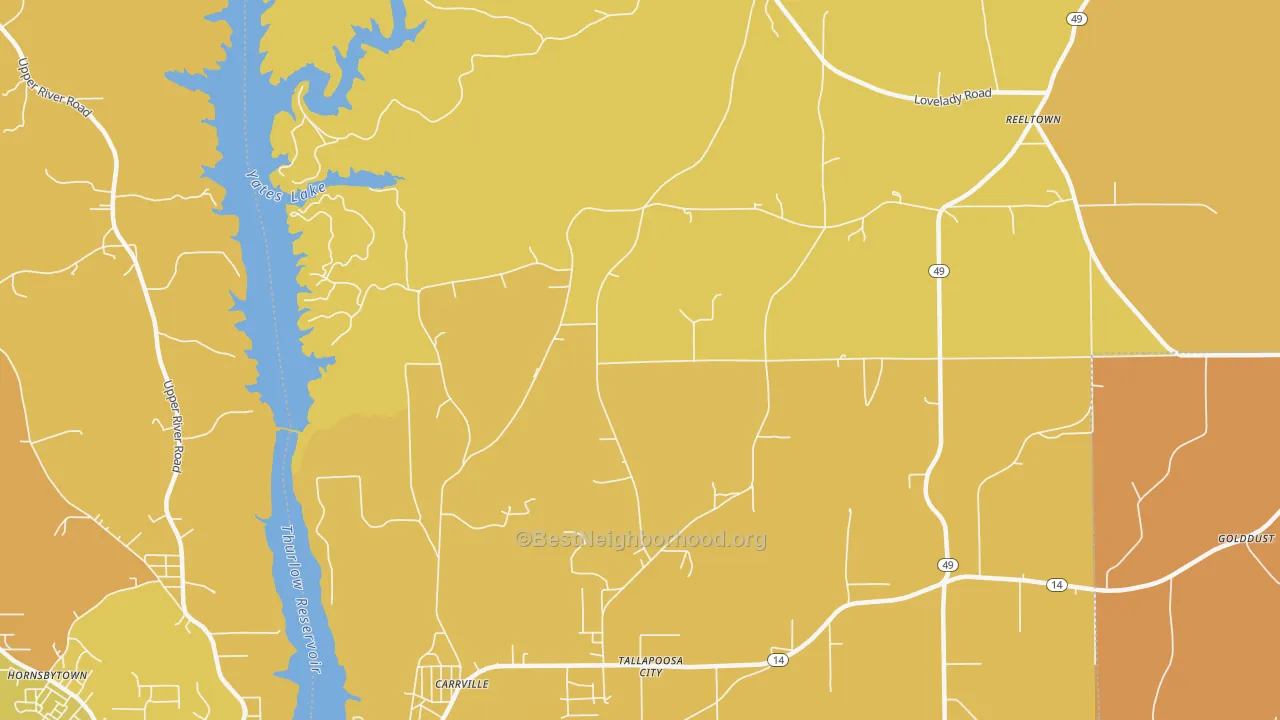 Map of the best neighborhoods in the Tallapoosa City area, with better matches in green and worse matches in red