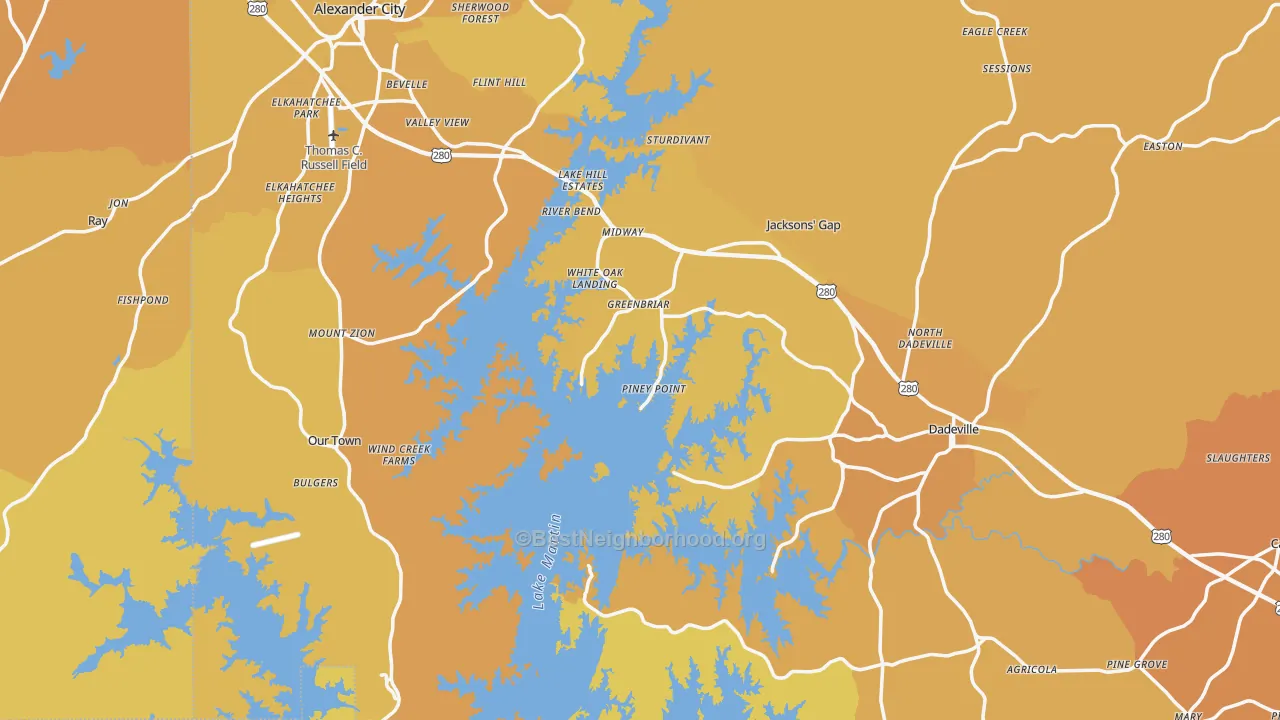 Map of the best neighborhoods in the Tallapoosa County area, with better matches in green and worse matches in red