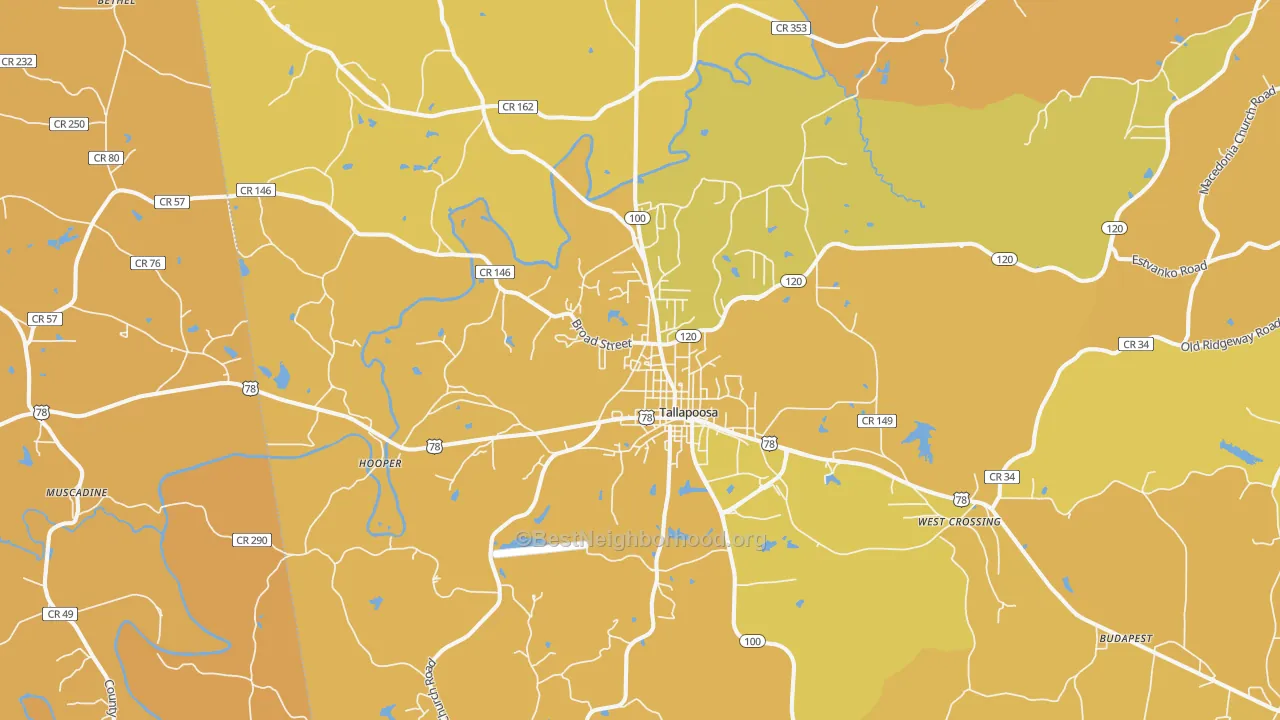 Map of the best neighborhoods in the Tallapoosa area, with better matches in green and worse matches in red