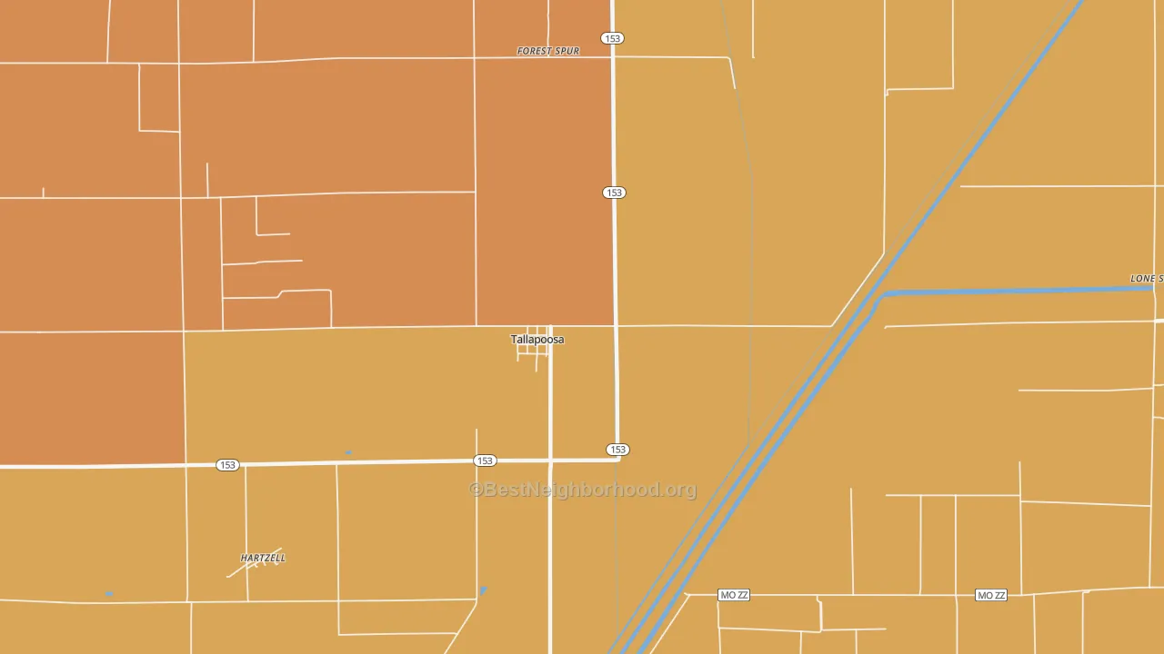 Map of the best neighborhoods in the Tallapoosa area, with better matches in green and worse matches in red