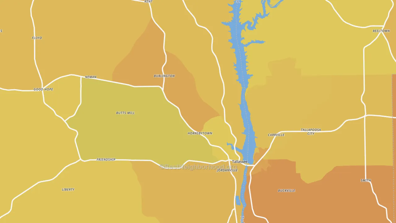 Map of the best neighborhoods in the Tallassee area, with better matches in green and worse matches in red