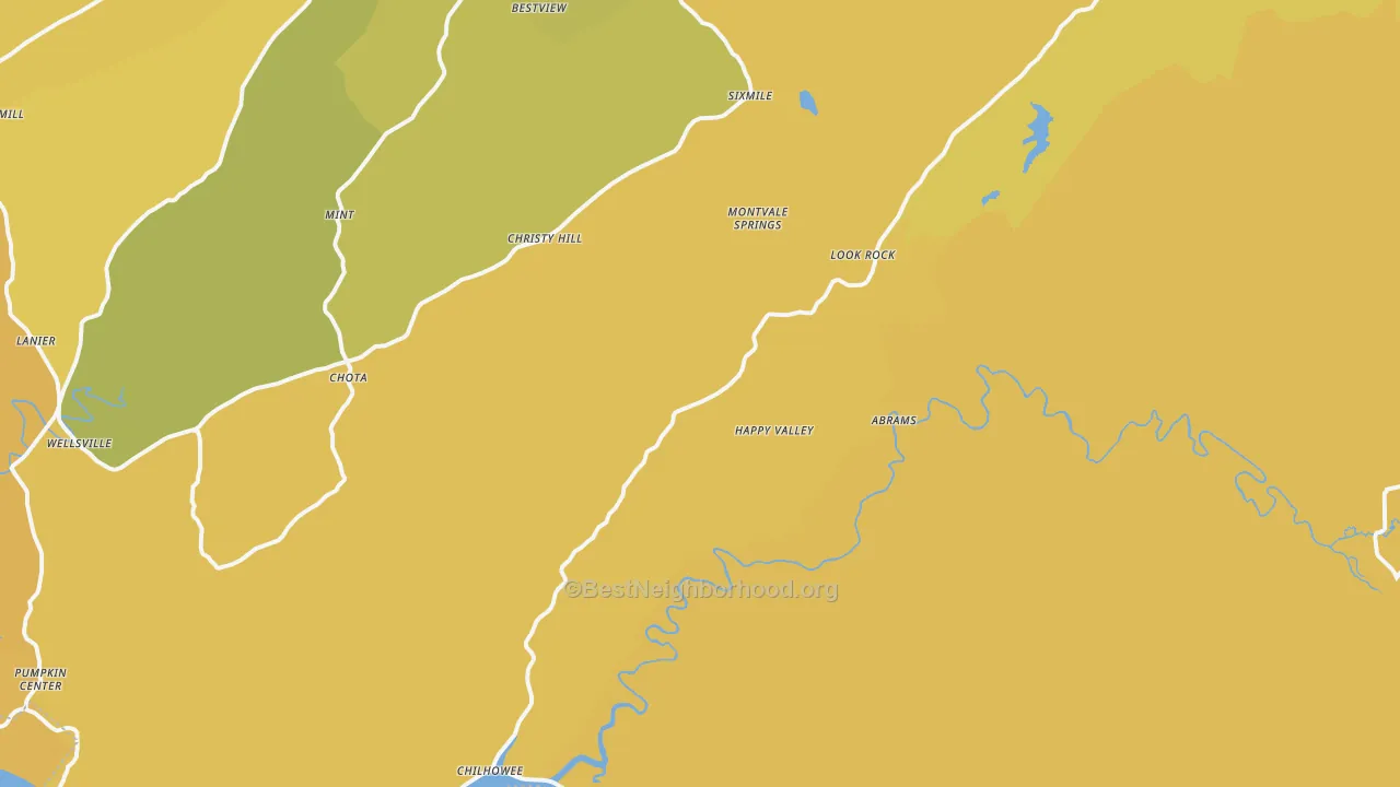Map of the best neighborhoods in the Tallassee area, with better matches in green and worse matches in red