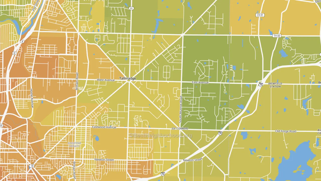 Map of the best neighborhoods in the Tallmadge area, with better matches in green and worse matches in red