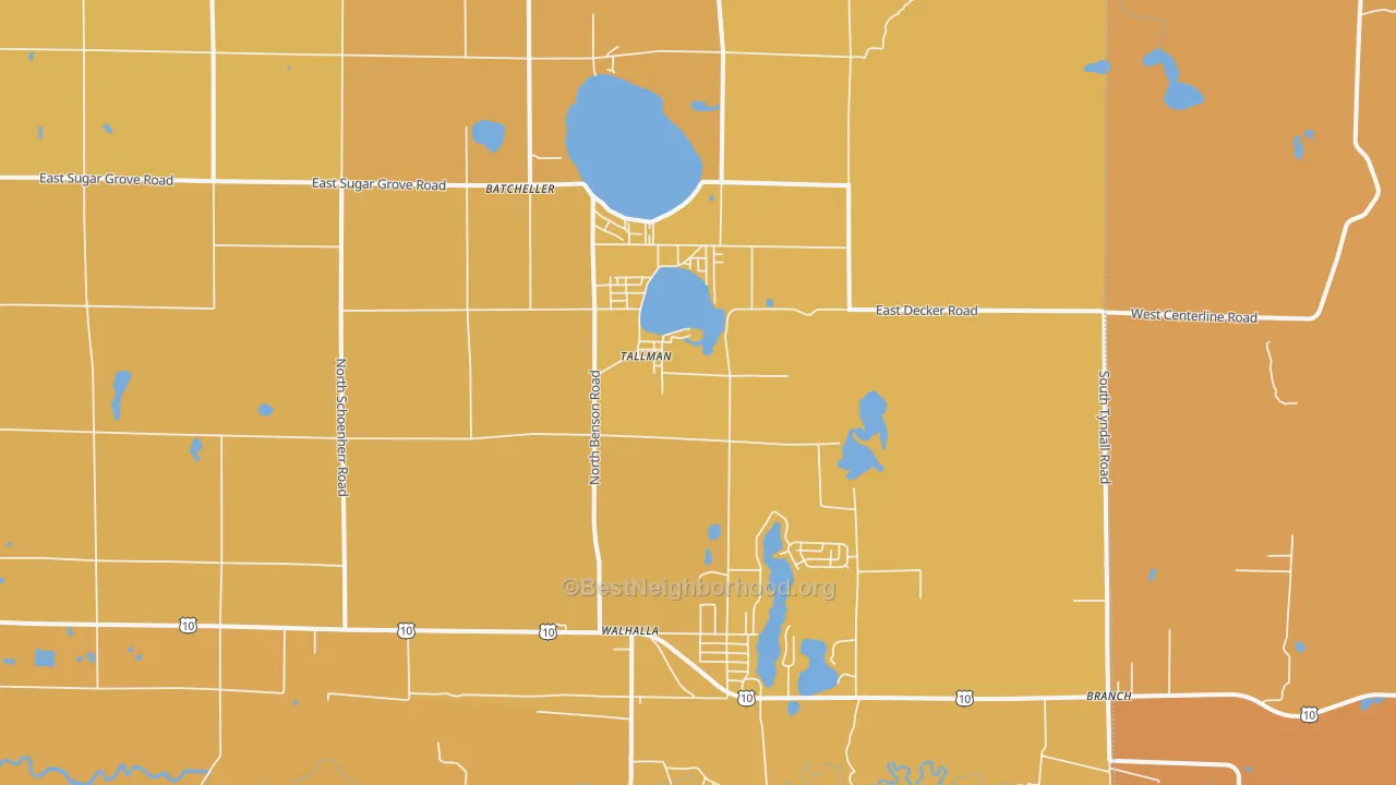 Map of the best neighborhoods in the Tallman area, with better matches in green and worse matches in red