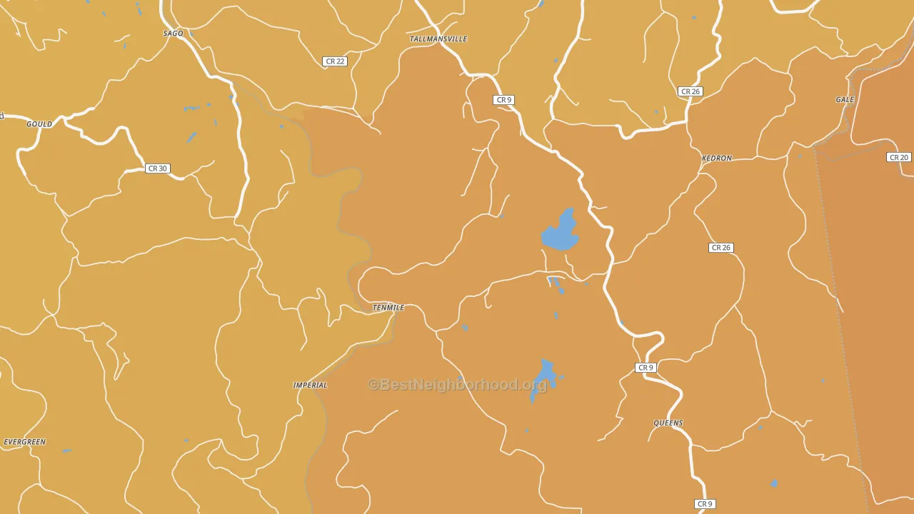 Map of the best neighborhoods in the Tallmansville area, with better matches in green and worse matches in red
