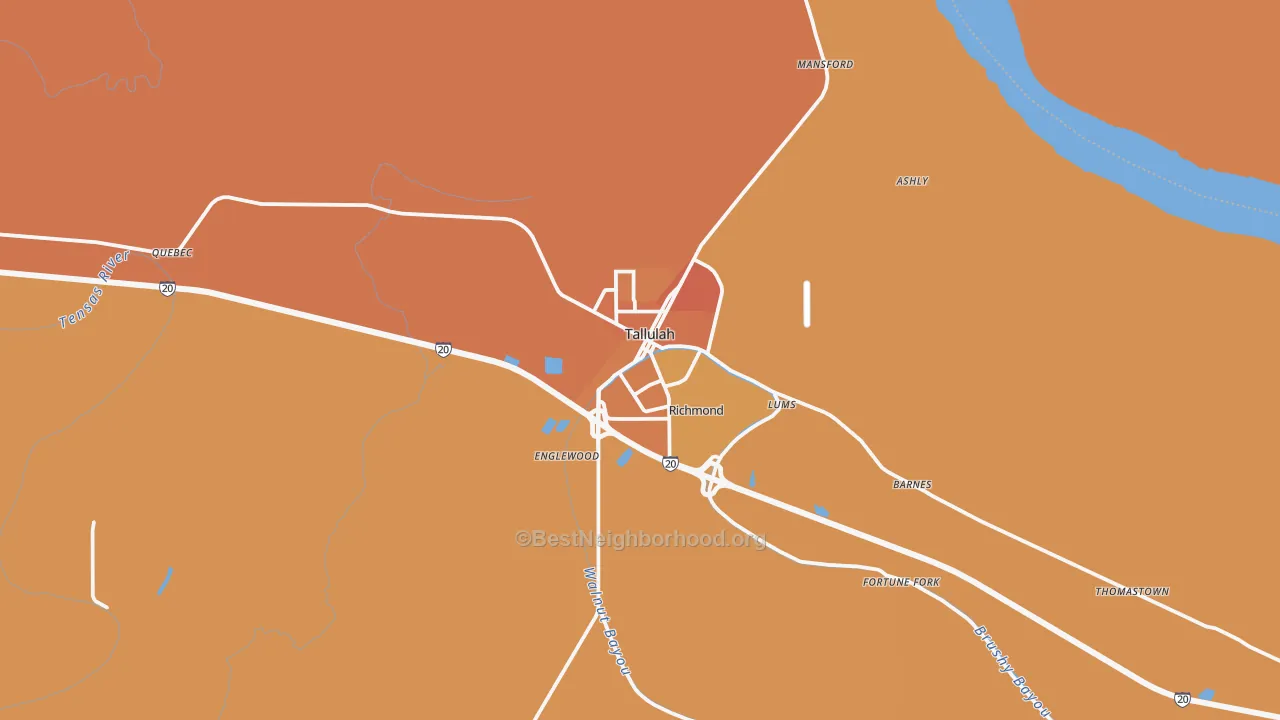 Map of the best neighborhoods in the Tallulah area, with better matches in green and worse matches in red