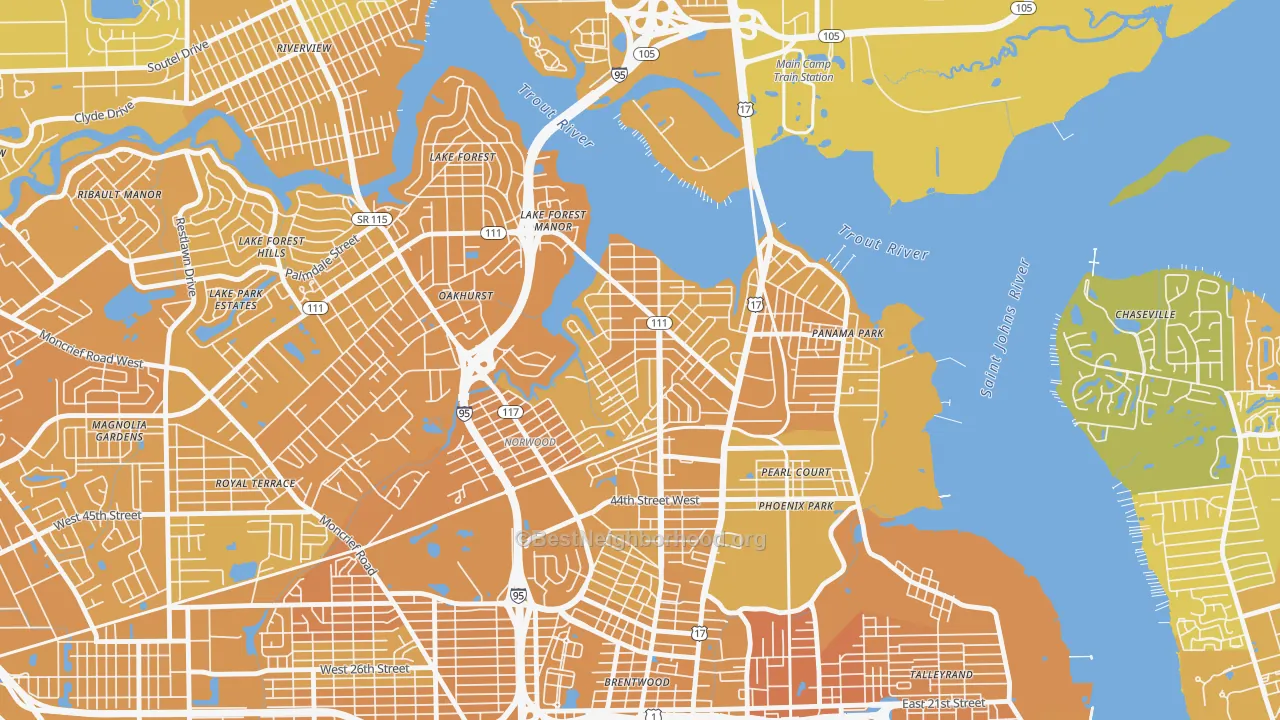 Map of the best neighborhoods in the Tallulah-North Shore, Jacksonville area, with better matches in green and worse matches in red