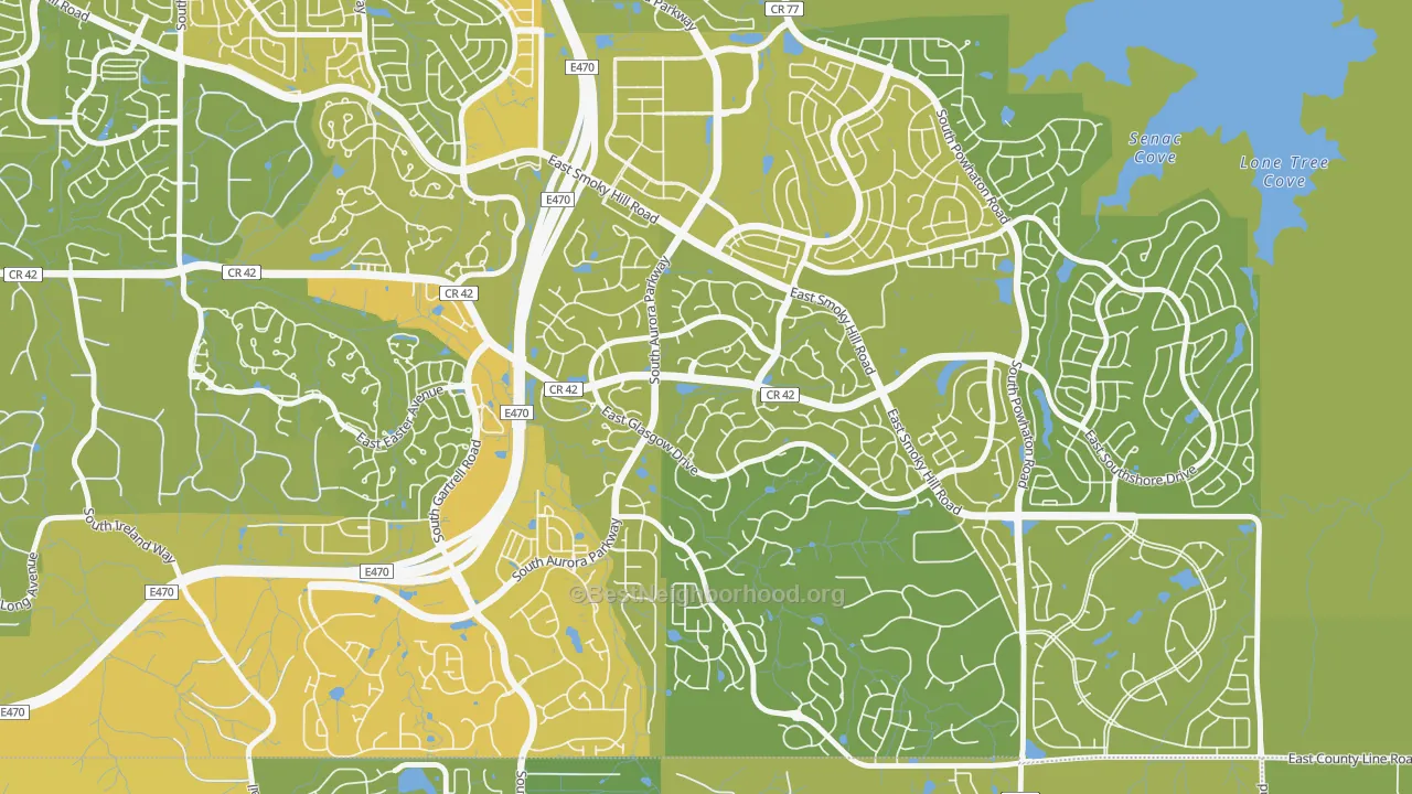 Map of the best neighborhoods in the Tallyn's Reach, Aurora area, with better matches in green and worse matches in red