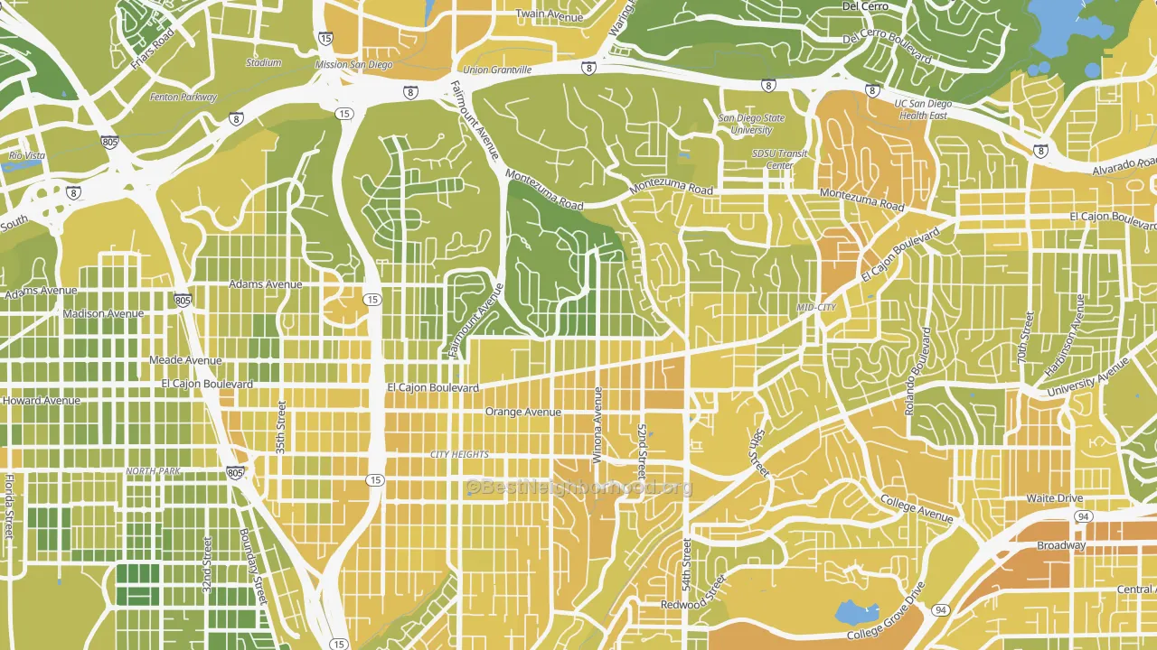 Map of the best neighborhoods in the Talmadge, San Diego area, with better matches in green and worse matches in red