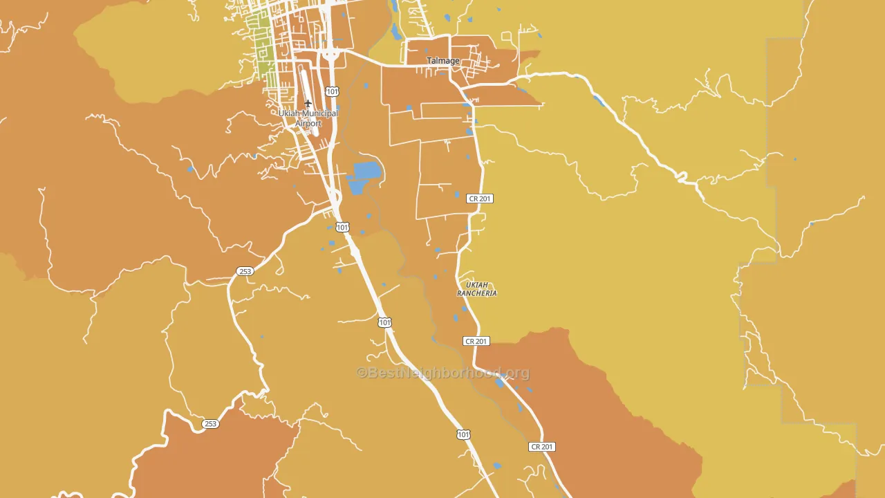 Map of the best neighborhoods in the Talmage area, with better matches in green and worse matches in red