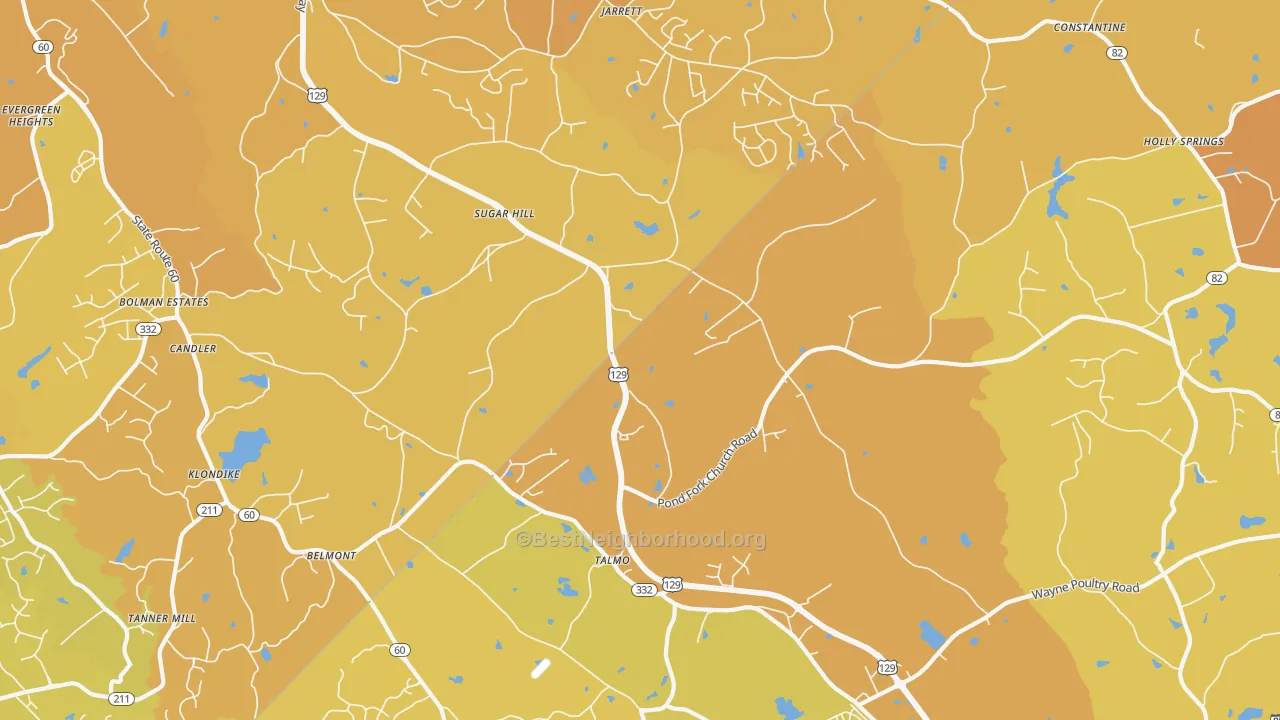 Map of the best neighborhoods in the Talmo area, with better matches in green and worse matches in red