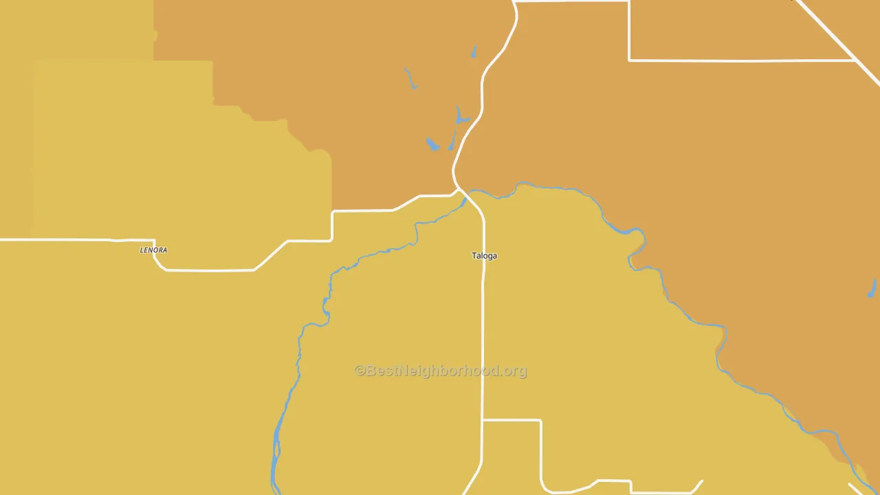 Map of the best neighborhoods in the Taloga area, with better matches in green and worse matches in red