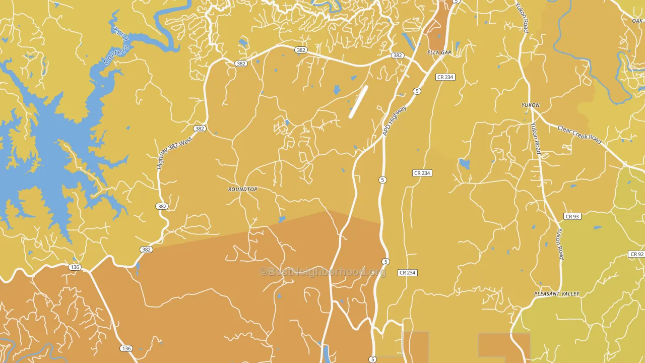 Map of the best neighborhoods in the Talona area, with better matches in green and worse matches in red
