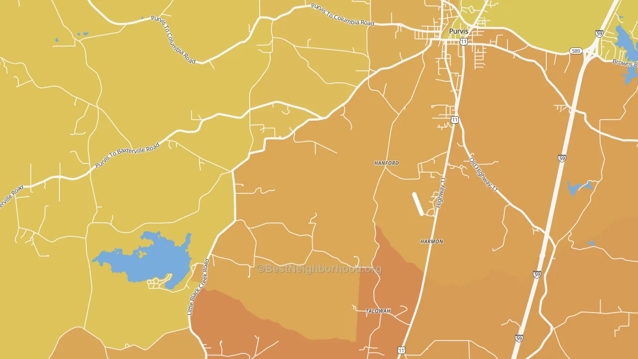 Map of the best neighborhoods in the Talowah area, with better matches in green and worse matches in red