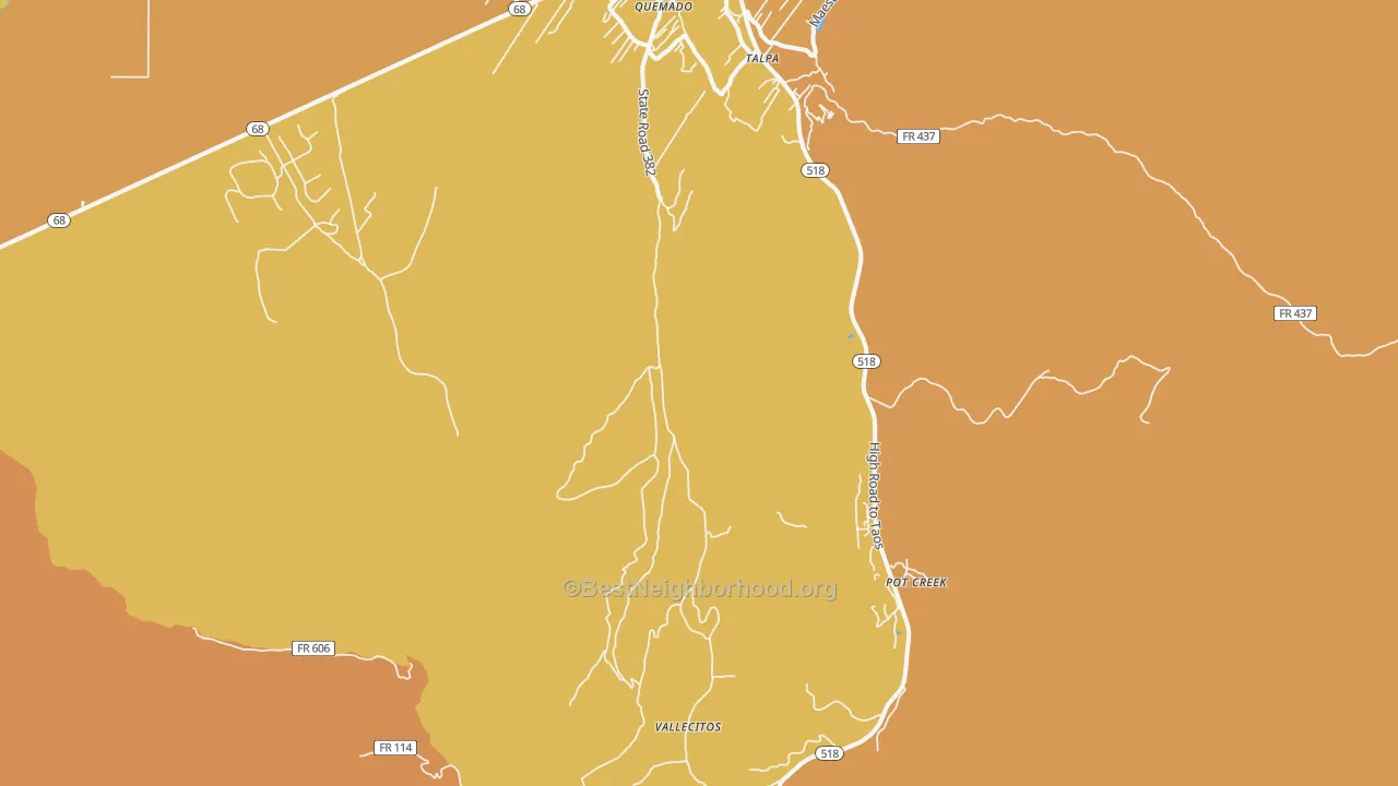 Map of the best neighborhoods in the Talpa area, with better matches in green and worse matches in red