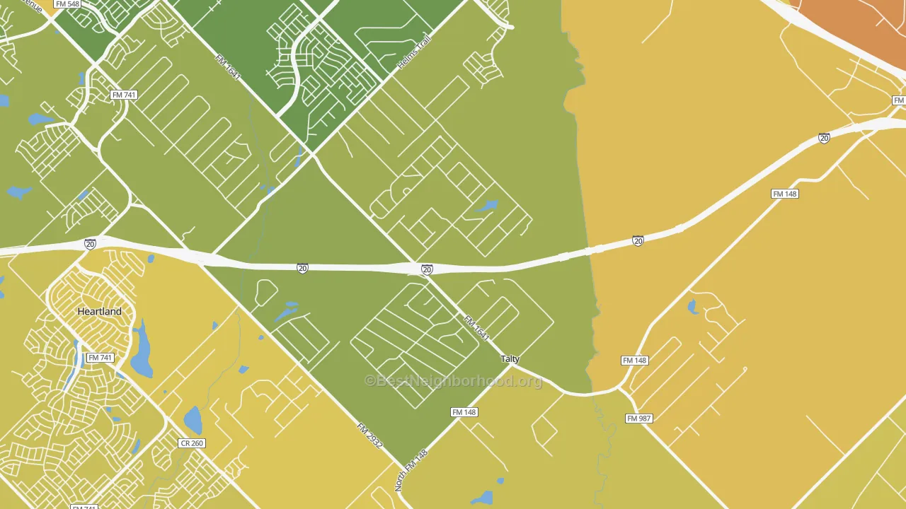 Map of the best neighborhoods in the Talty area, with better matches in green and worse matches in red