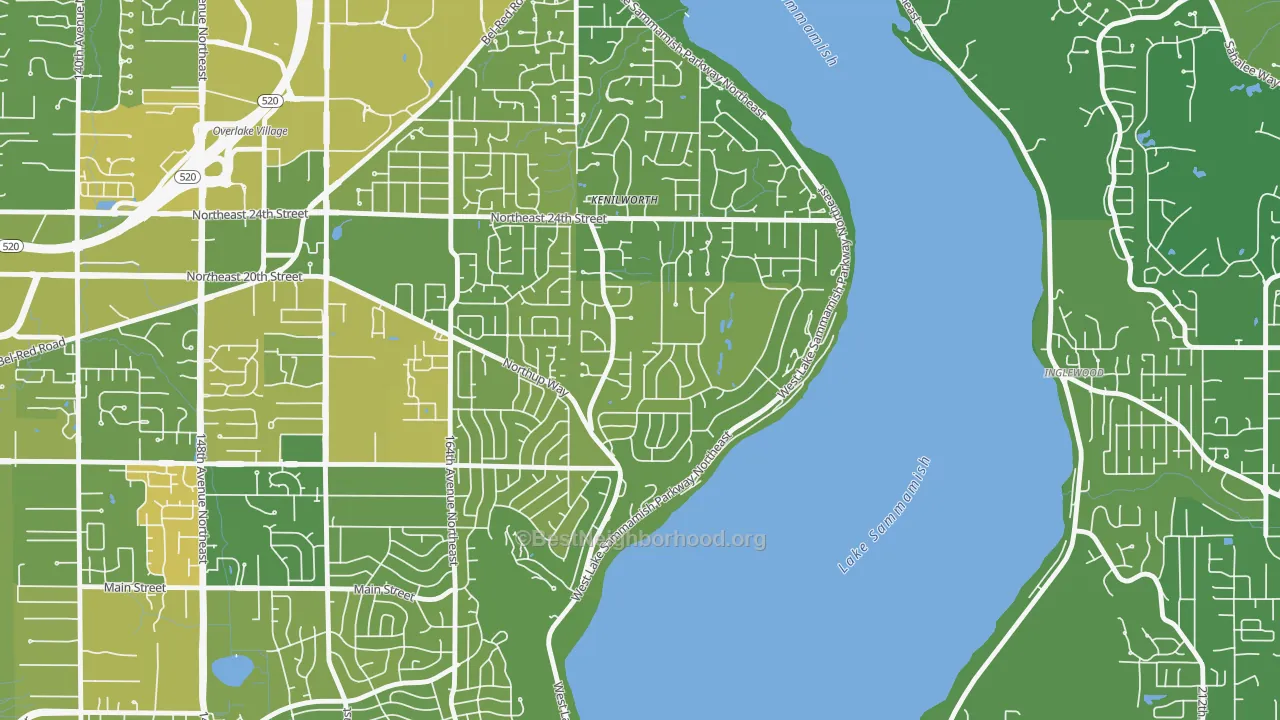 Map of the best neighborhoods in the Tam O'shanter, Bellevue area, with better matches in green and worse matches in red