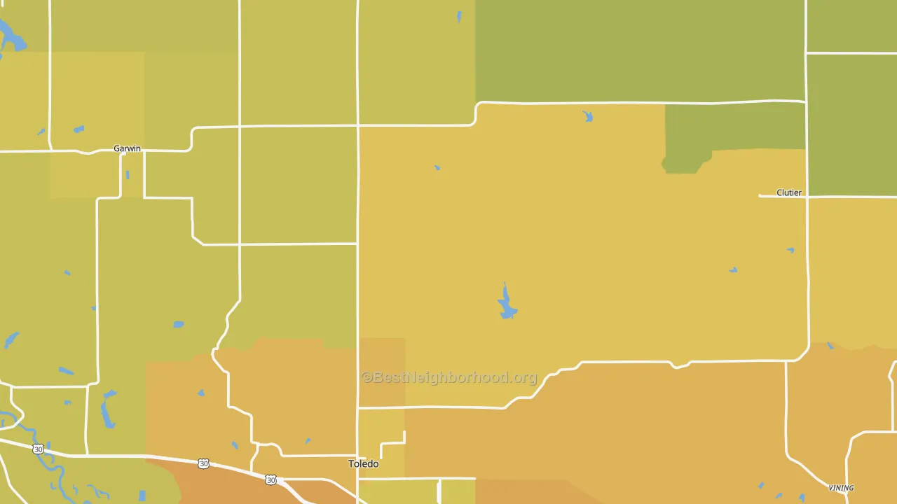 Map of the best neighborhoods in the Tama County area, with better matches in green and worse matches in red