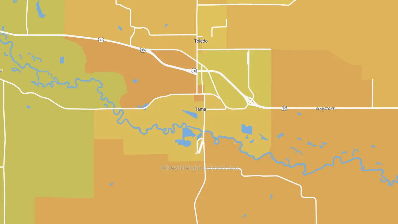 Map of the best neighborhoods in the Tama area, with better matches in green and worse matches in red
