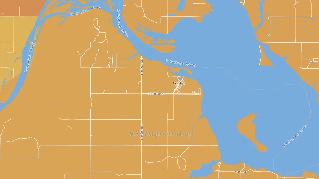 Map of the best neighborhoods in the Tamaha area, with better matches in green and worse matches in red