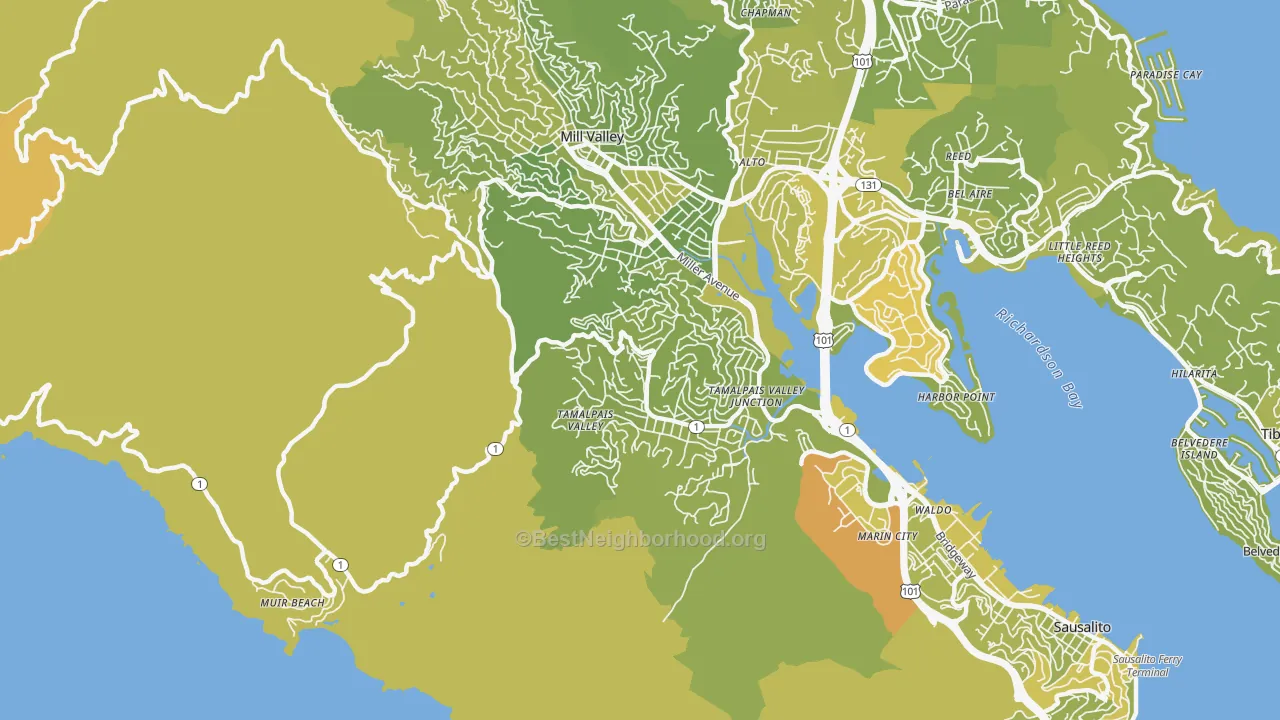Map of the best neighborhoods in the Tamalpais-Homestead Valley area, with better matches in green and worse matches in red