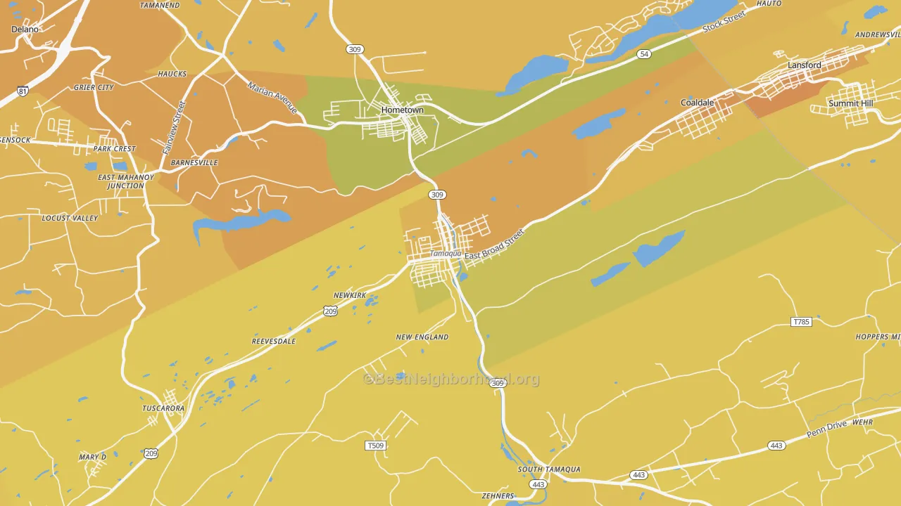 Map of the best neighborhoods in the Tamaqua area, with better matches in green and worse matches in red