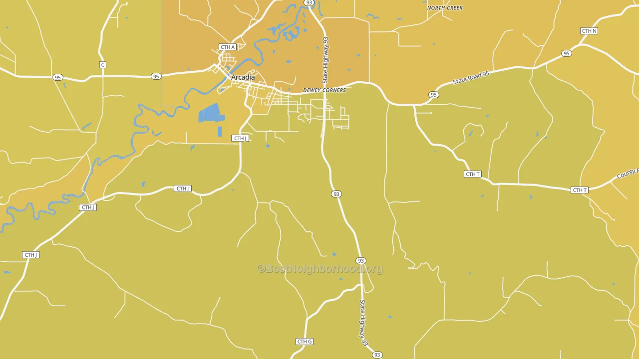 Map of the best neighborhoods in the Tamarack area, with better matches in green and worse matches in red