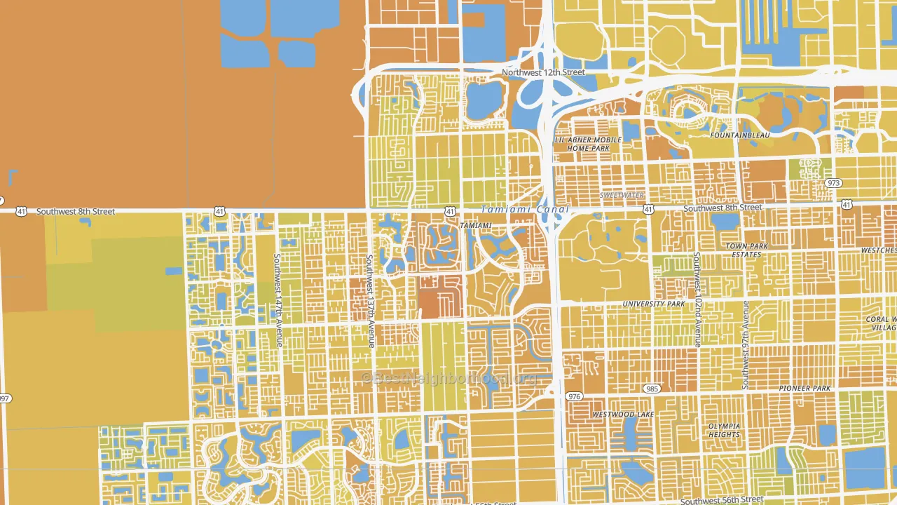 Map of the best neighborhoods in the Tamiami area, with better matches in green and worse matches in red