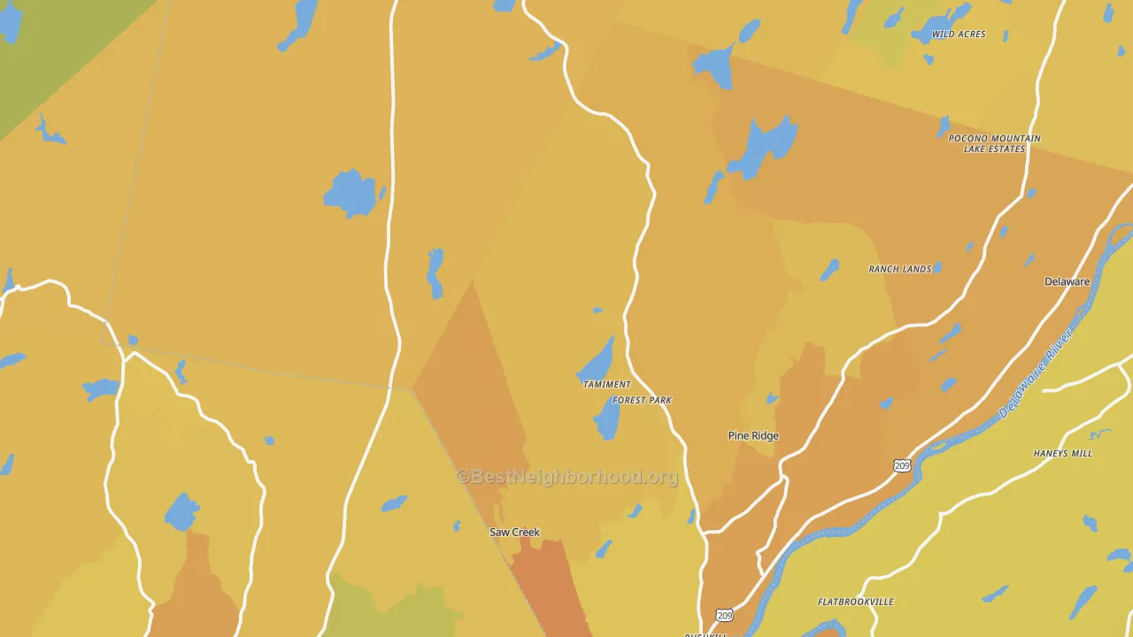 Map of the best neighborhoods in the Tamiment area, with better matches in green and worse matches in red