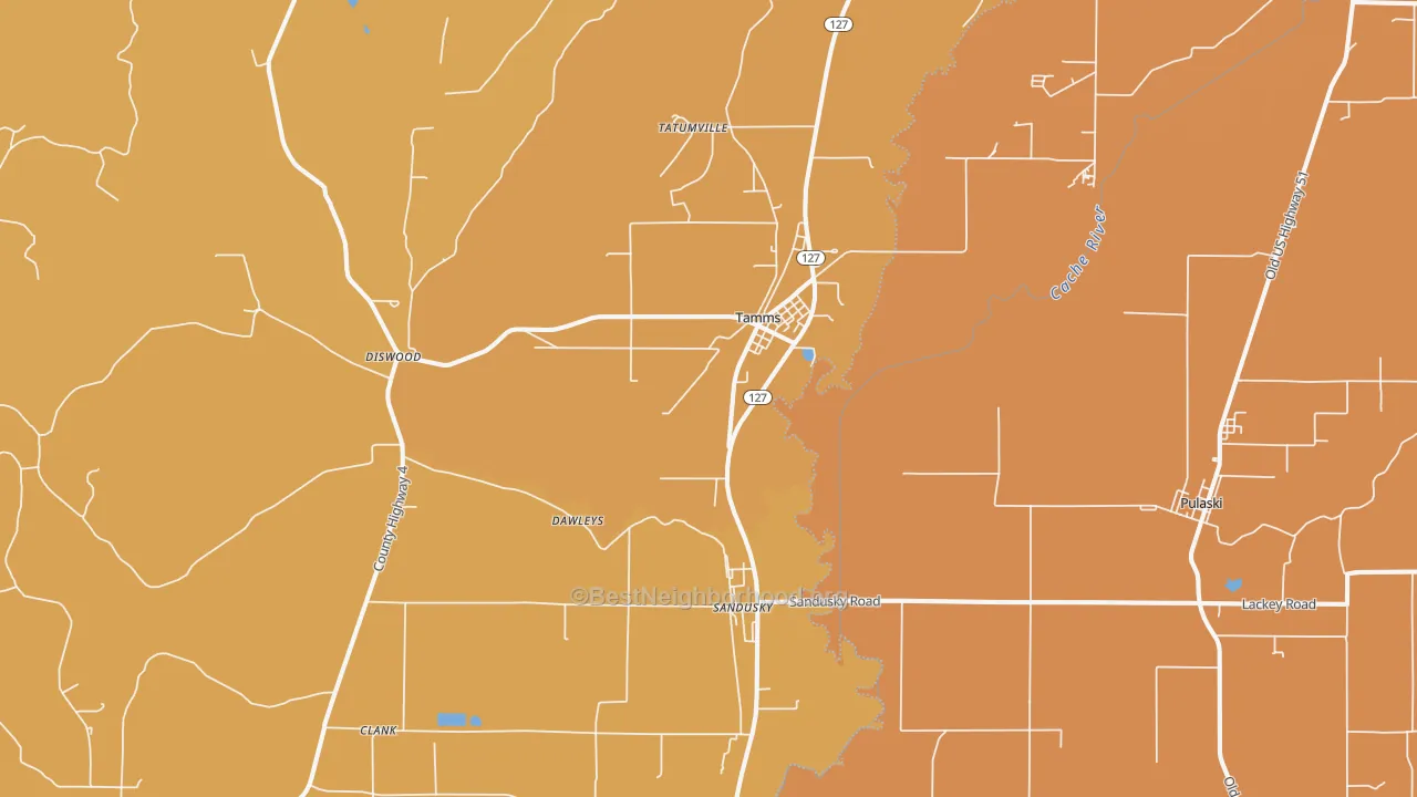 Map of the best neighborhoods in the Tamms area, with better matches in green and worse matches in red