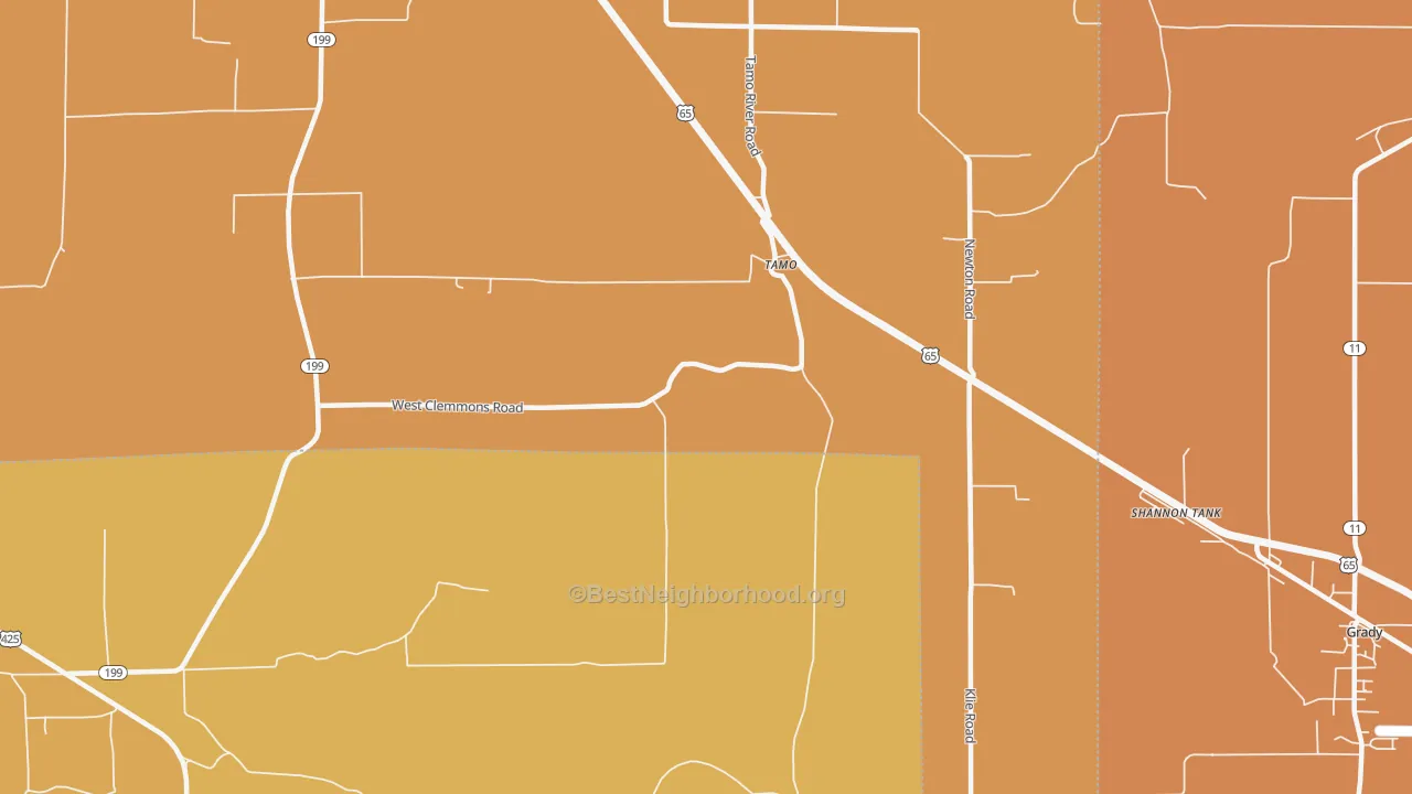 Map of the best neighborhoods in the Tamo area, with better matches in green and worse matches in red