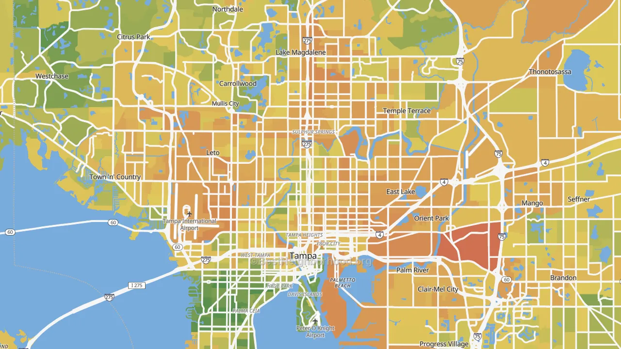 Map of the best neighborhoods in the Tampa Metro area, with better matches in green and worse matches in red