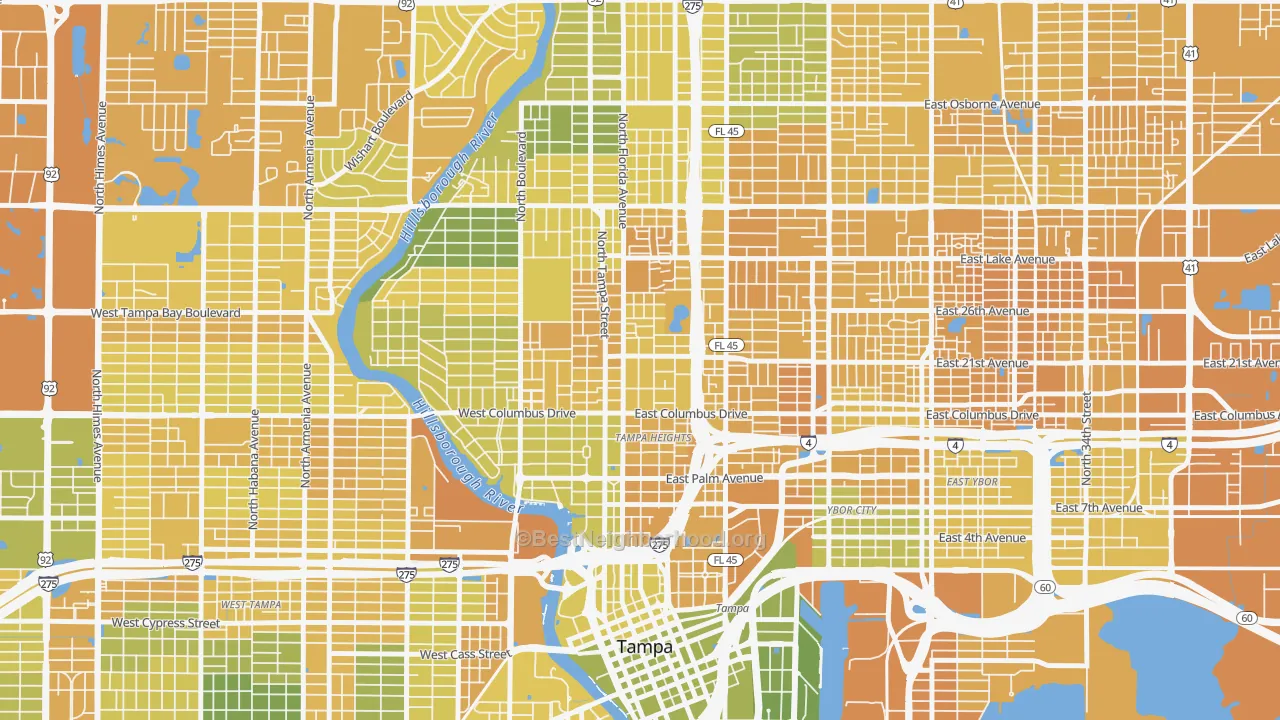 Map of the best neighborhoods in the Tampa Heights, Tampa area, with better matches in green and worse matches in red