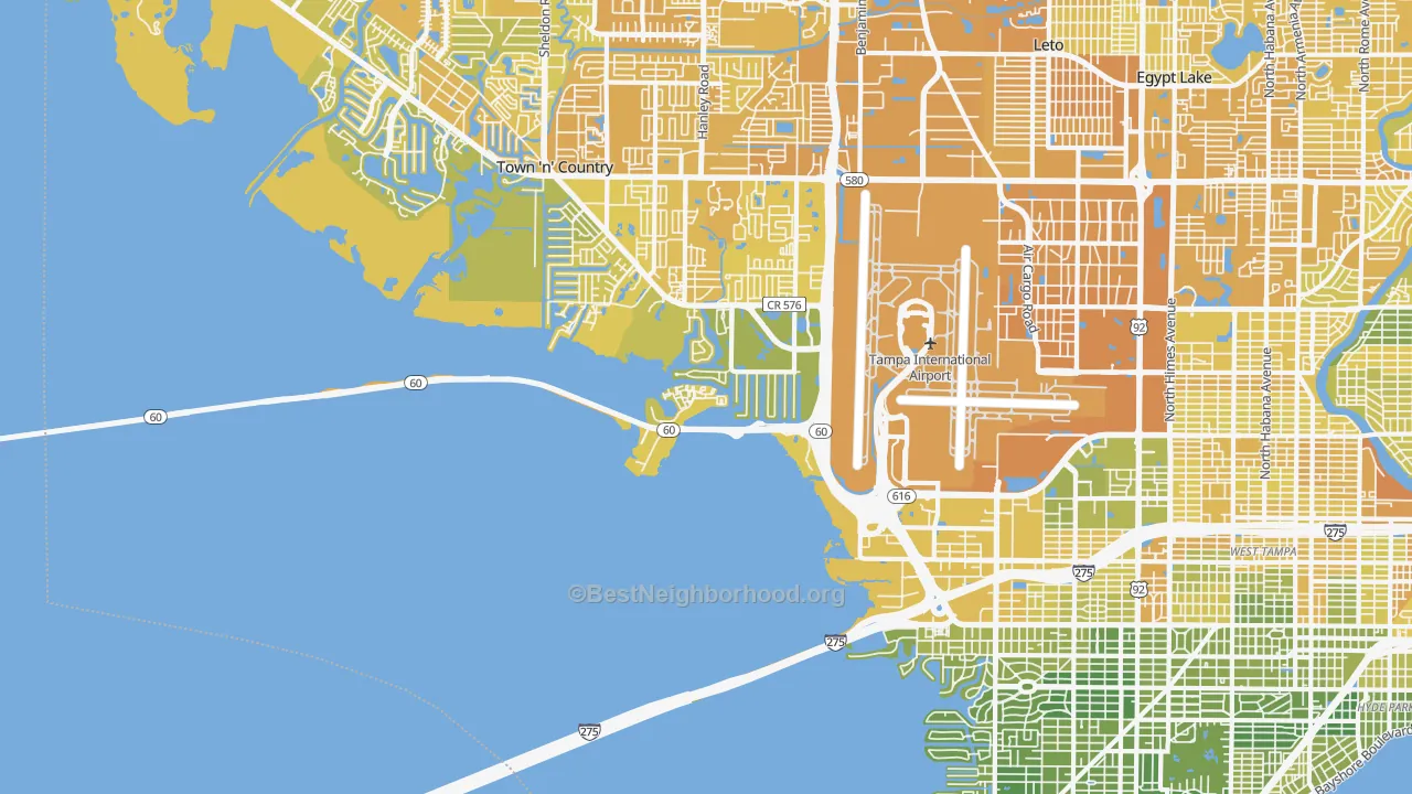 Map of the best neighborhoods in the Tampa International Airport Area, Tampa area, with better matches in green and worse matches in red