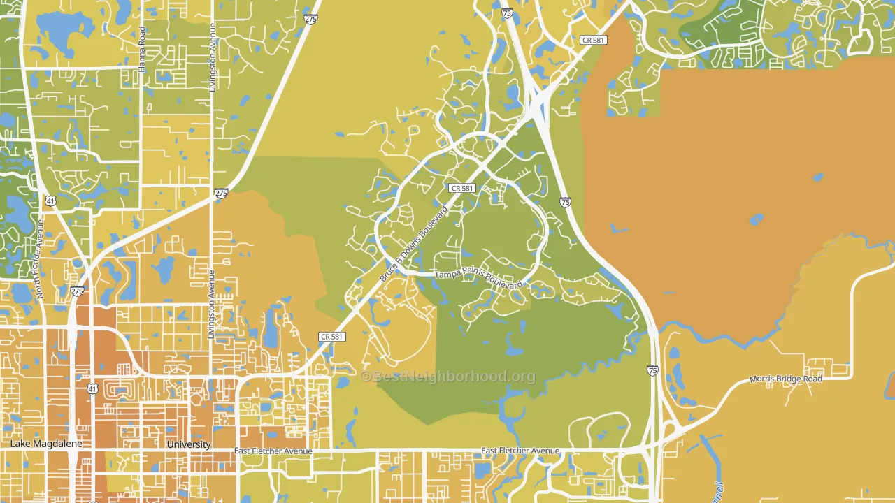 Map of the best neighborhoods in the Tampa Palms, Tampa area, with better matches in green and worse matches in red