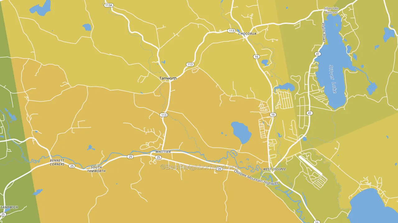 Map of the best neighborhoods in the Tamworth area, with better matches in green and worse matches in red