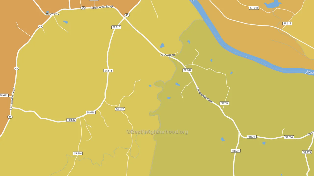 Map of the best neighborhoods in the Tamworth area, with better matches in green and worse matches in red