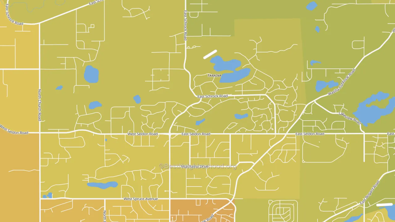 Map of the best neighborhoods in the Tanaina area, with better matches in green and worse matches in red