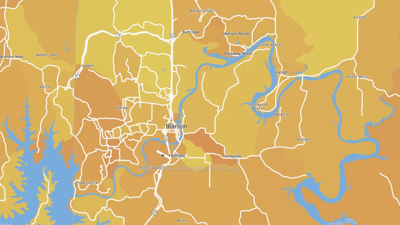 Map of the best neighborhoods in the Taney County area, with better matches in green and worse matches in red