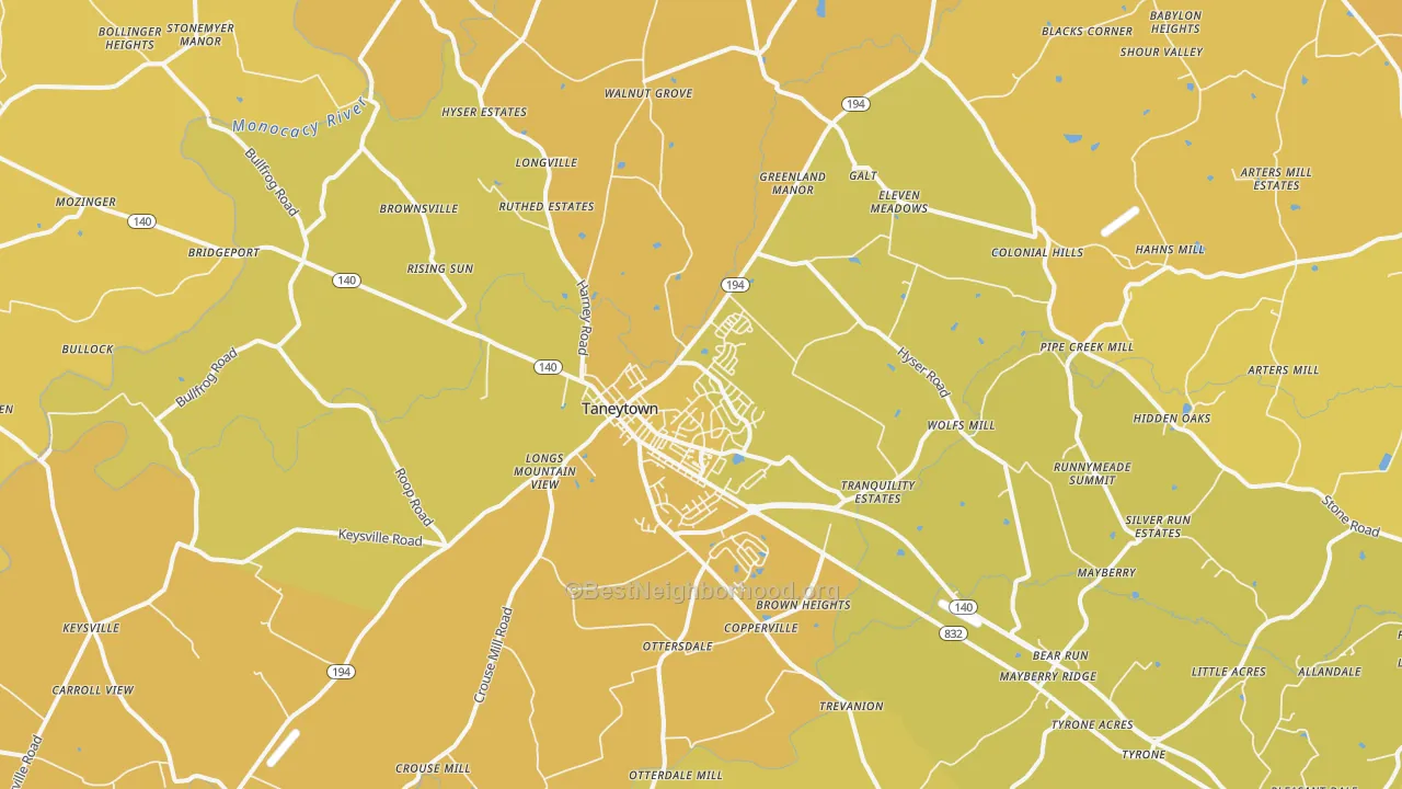 Map of the best neighborhoods in the Taneytown area, with better matches in green and worse matches in red