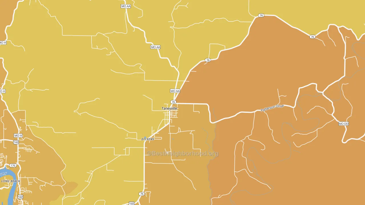 Map of the best neighborhoods in the Taneyville area, with better matches in green and worse matches in red