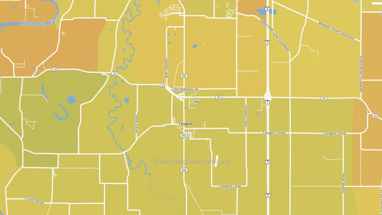 Map of the best neighborhoods in the Tangent area, with better matches in green and worse matches in red