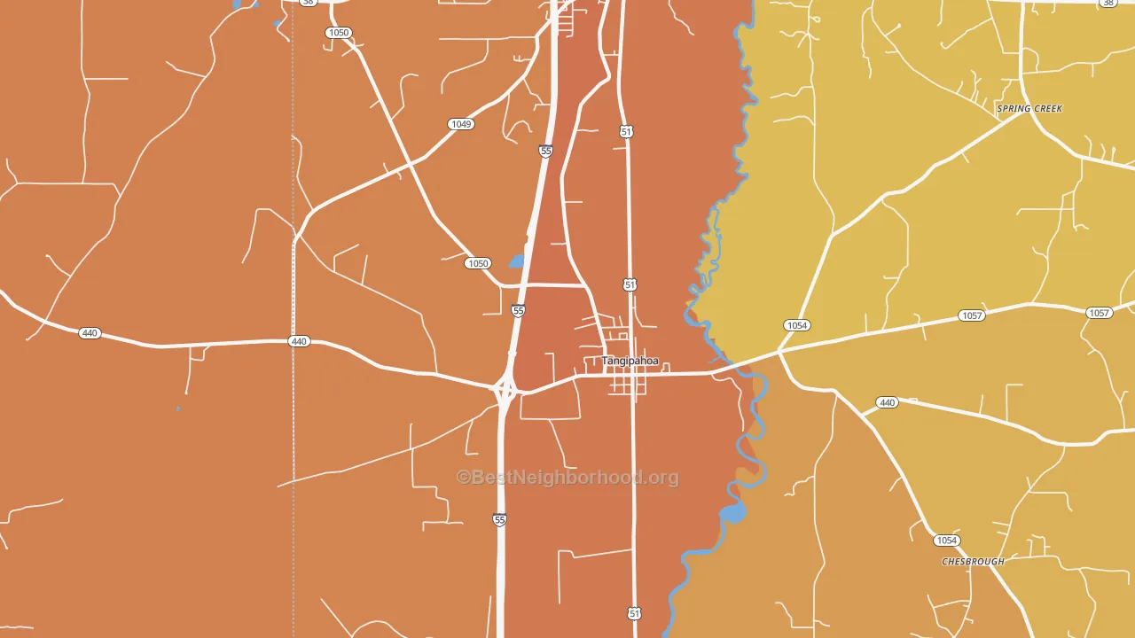 Map of the best neighborhoods in the Tangipahoa area, with better matches in green and worse matches in red
