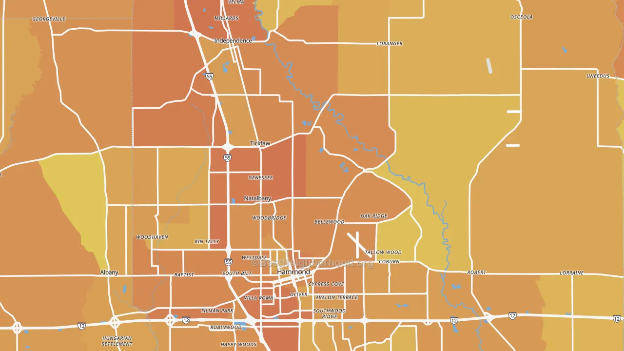 Map of the best neighborhoods in the Tangipahoa Parish area, with better matches in green and worse matches in red