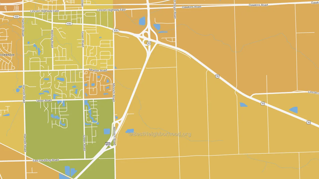 Map of the best neighborhoods in the Tanglewood area, with better matches in green and worse matches in red