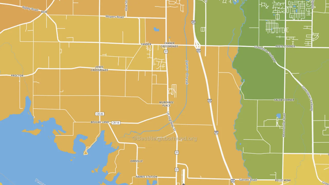 Map of the best neighborhoods in the Tanner area, with better matches in green and worse matches in red