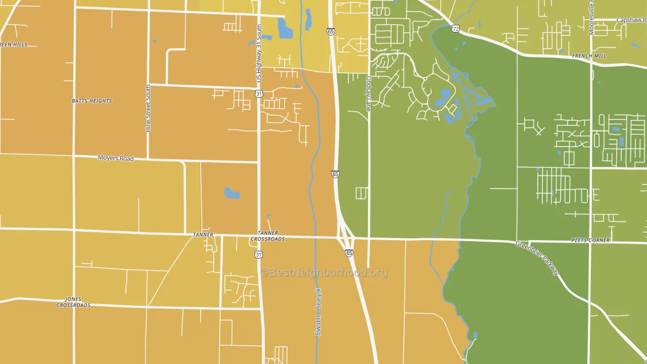 Map of the best neighborhoods in the Tanner Crossroads area, with better matches in green and worse matches in red
